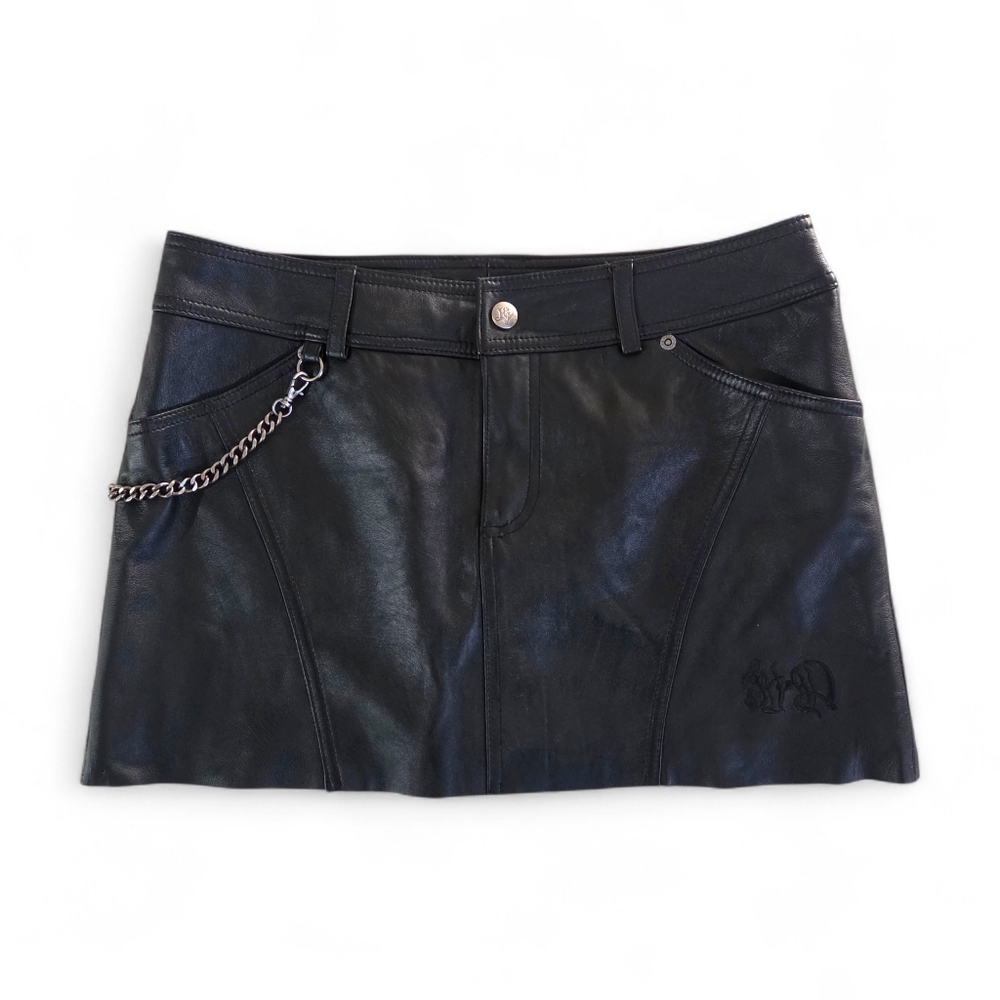 HARLEY DAVIDSON Y2K VTG Leather Mini Skirt Black Embroidered Chain Size 6